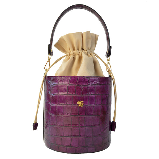 Pratesi Secchiello Lady bag K335 in genuine Italian leather - Croco Embossed Leather Violet